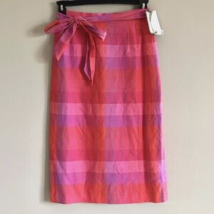 Vintage Leslie Fay Haberdashery Plaid Midi Skirt Pink Tie Belt Linen Full